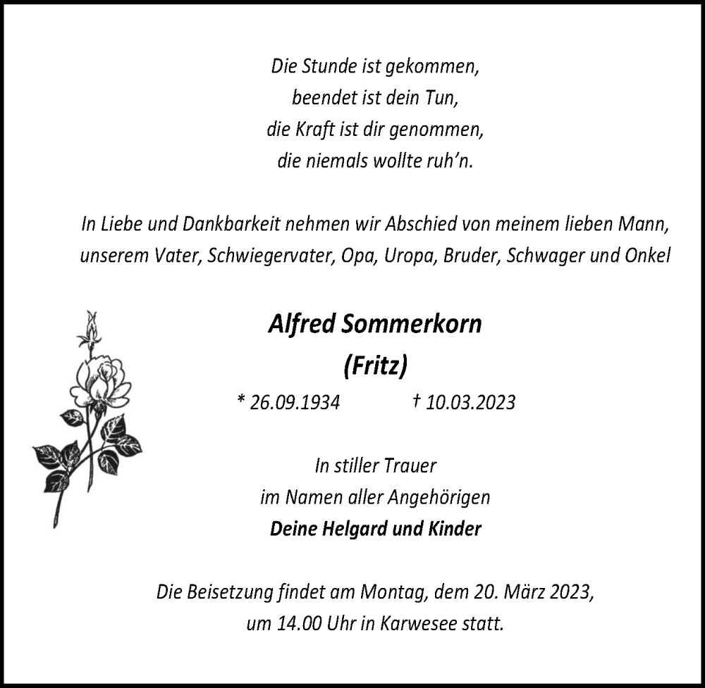  Traueranzeige für Alfred Sommerkorn vom 15.03.2023 aus Märkischen Allgemeine Zeitung