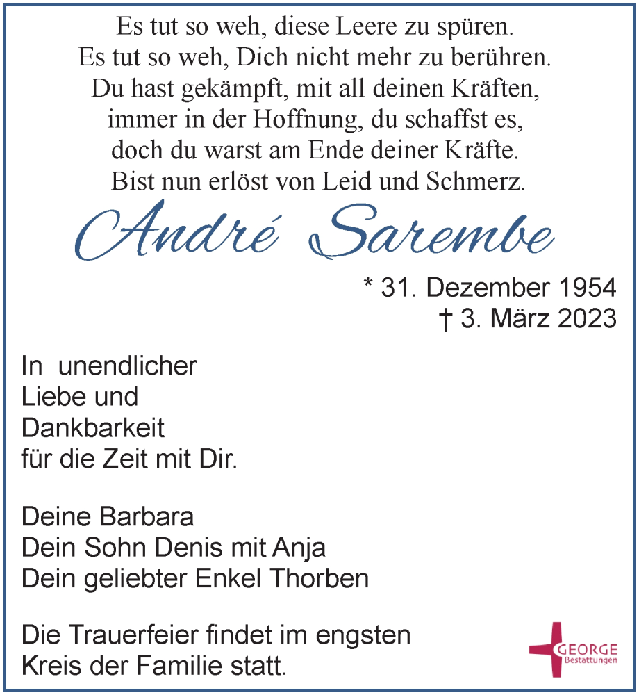  Traueranzeige für Andre Sarembe vom 18.03.2023 aus Leipziger Volkszeitung