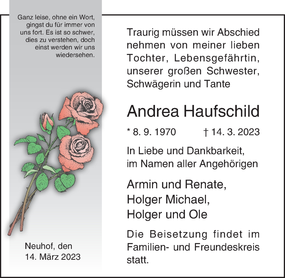 Traueranzeige für Andrea Haufschild vom 18.03.2023 aus Ostsee-Zeitung GmbH