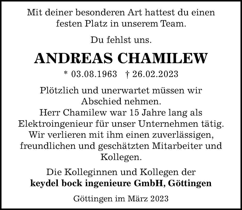  Traueranzeige für Andreas Chamilew vom 18.03.2023 aus Göttinger Tageblatt