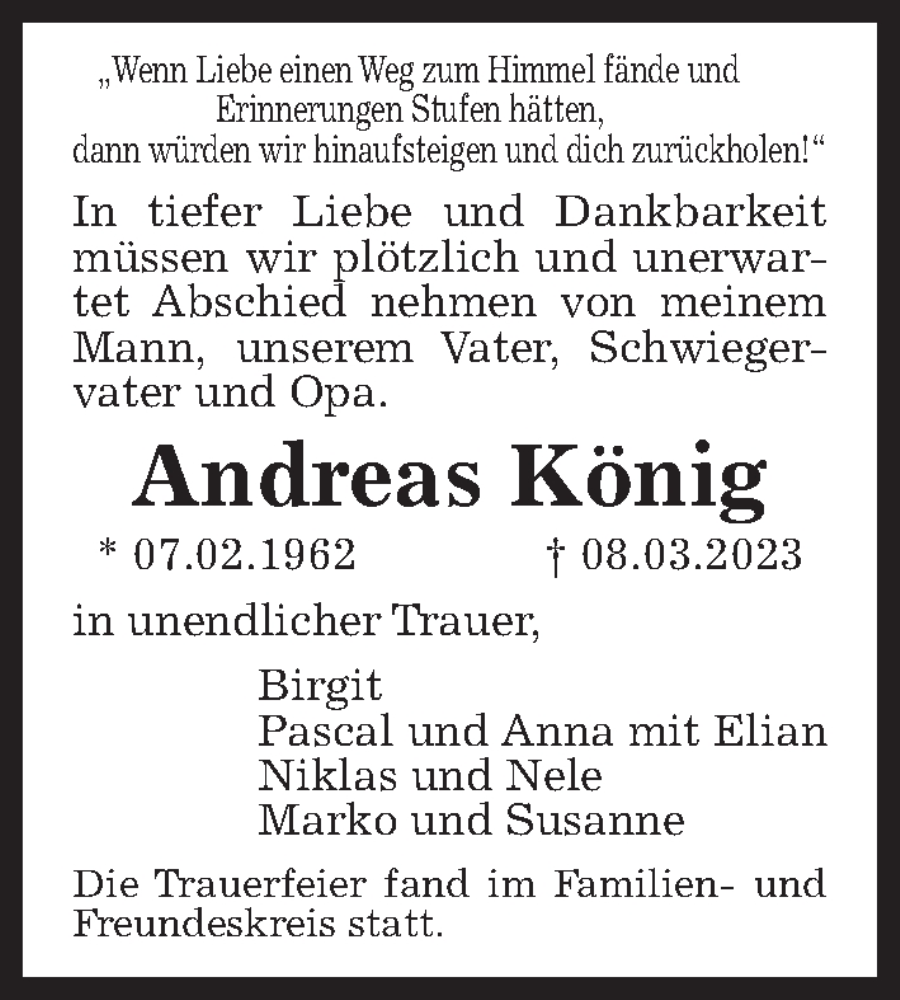  Traueranzeige für Andreas König vom 18.03.2023 aus Hannoversche Allgemeine Zeitung/Neue Presse