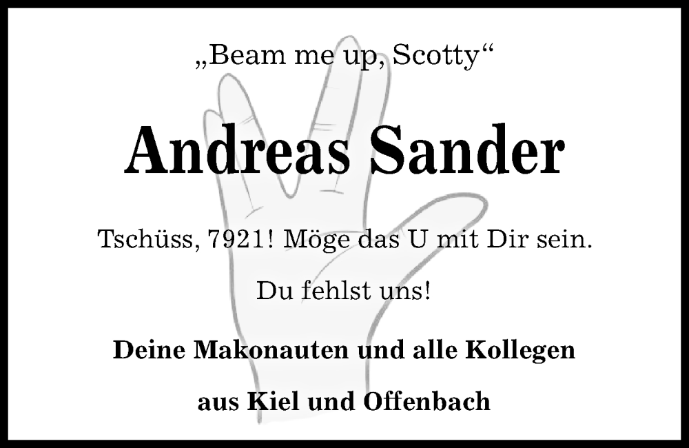  Traueranzeige für Andreas Sander vom 25.03.2023 aus Kieler Nachrichten