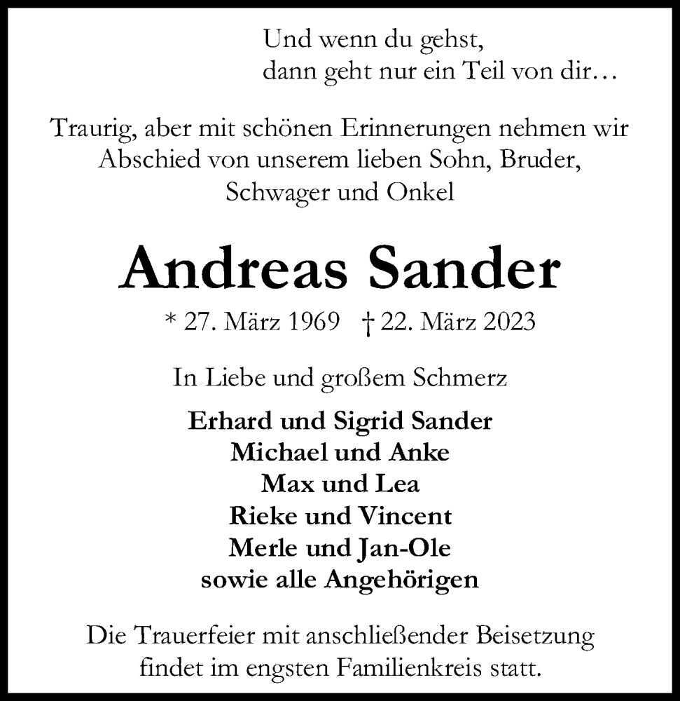  Traueranzeige für Andreas Sander vom 25.03.2023 aus Kieler Nachrichten