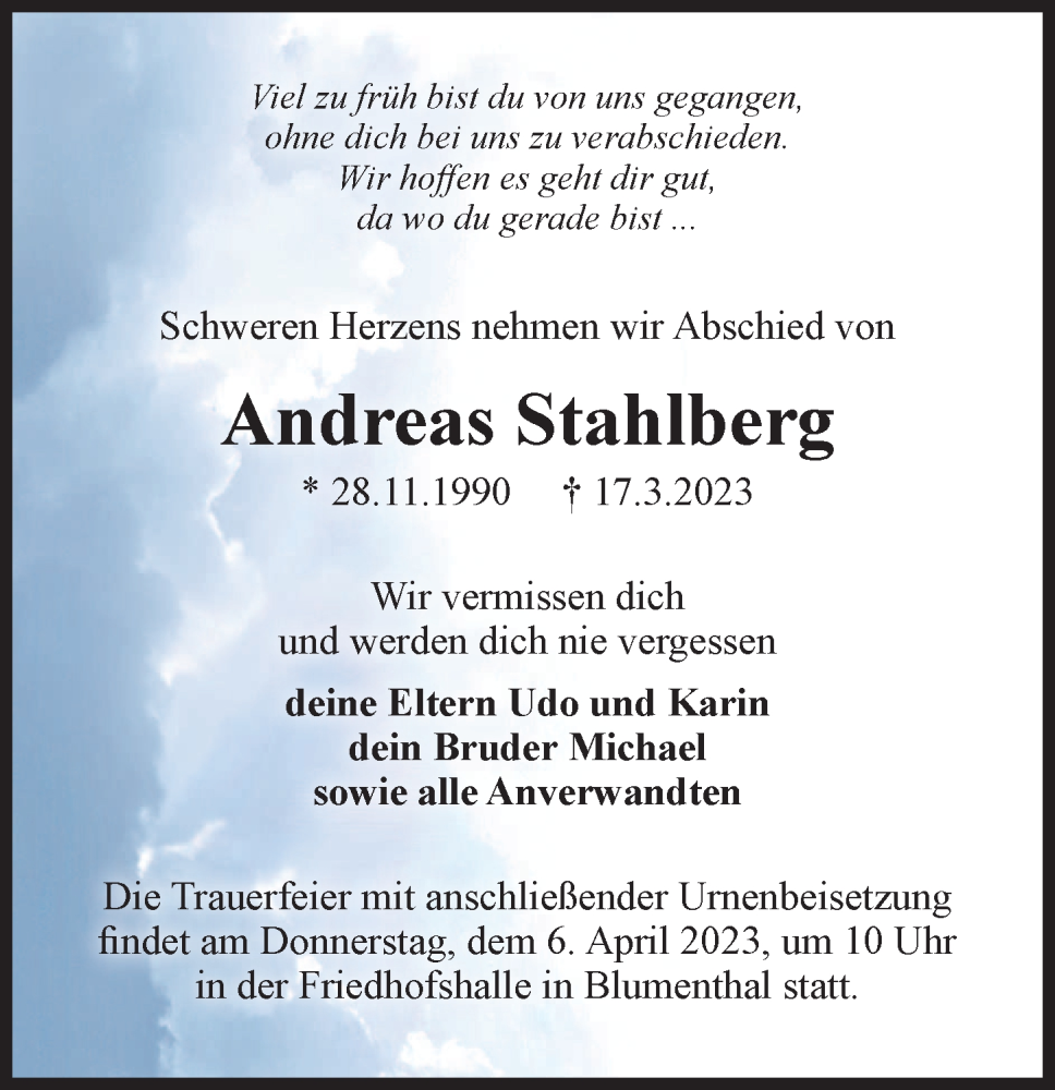  Traueranzeige für Andreas Stahlberg vom 29.03.2023 aus Märkischen Allgemeine Zeitung