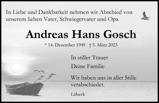 Traueranzeige von Andreas Hans Gosch von Lübecker Nachrichten