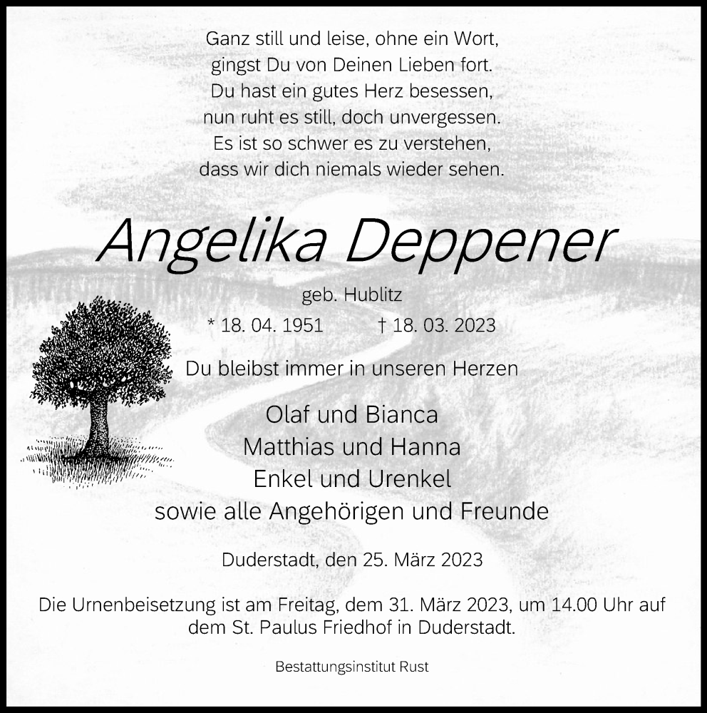  Traueranzeige für Angelika Deppener vom 25.03.2023 aus Eichsfelder Tageblatt