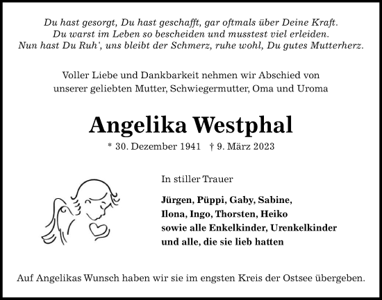 Traueranzeige von Angelika Westphal von Kieler Nachrichten