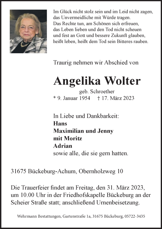 Traueranzeige von Angelika Wolter von Schaumburger Nachrichten