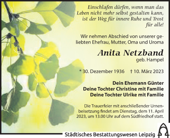 Traueranzeige von Anita Netzband von Leipziger Volkszeitung
