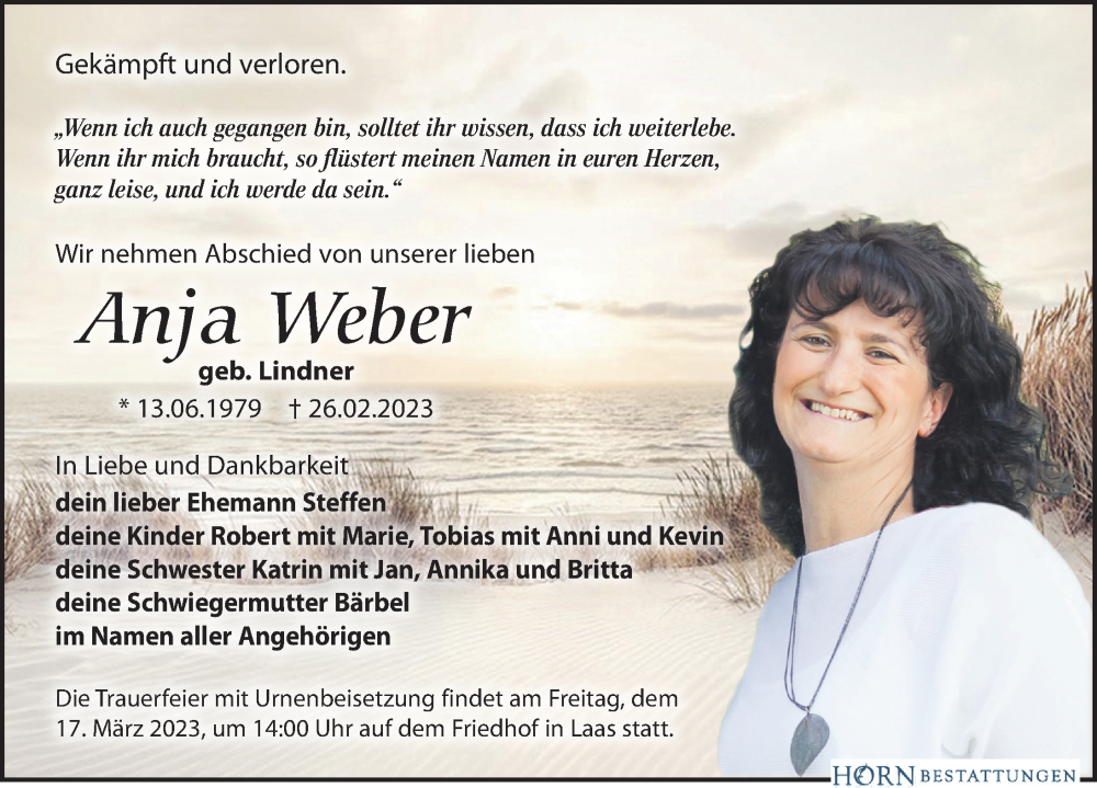  Traueranzeige für Anja Weber vom 11.03.2023 aus Leipziger Volkszeitung