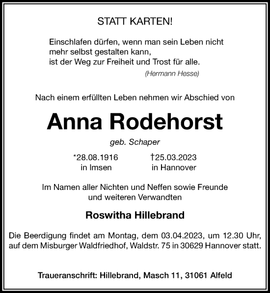 Traueranzeige von Anna Rodehorst von Hannoversche Allgemeine Zeitung/Neue Presse