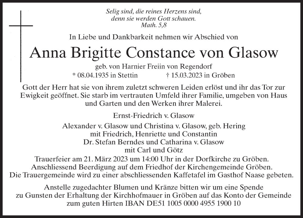  Traueranzeige für Anna Brigitte Constance von Glasow vom 18.03.2023 aus Märkischen Allgemeine Zeitung