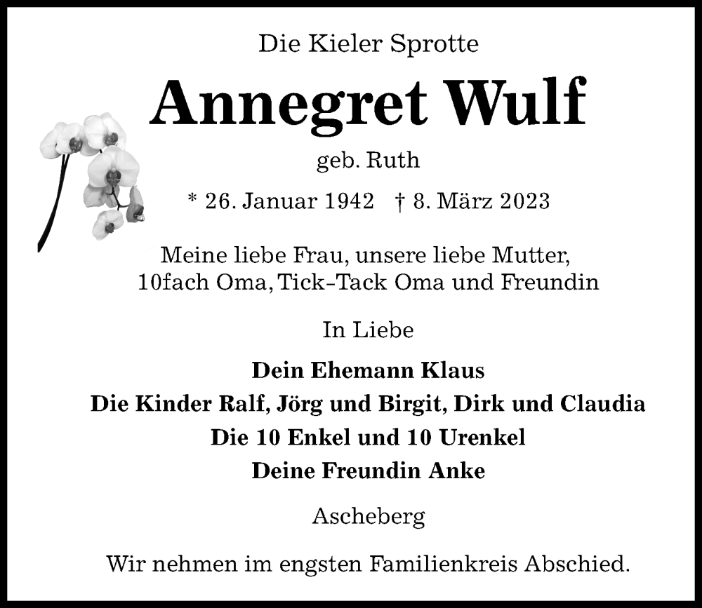  Traueranzeige für Annegret Wulf vom 11.03.2023 aus Kieler Nachrichten