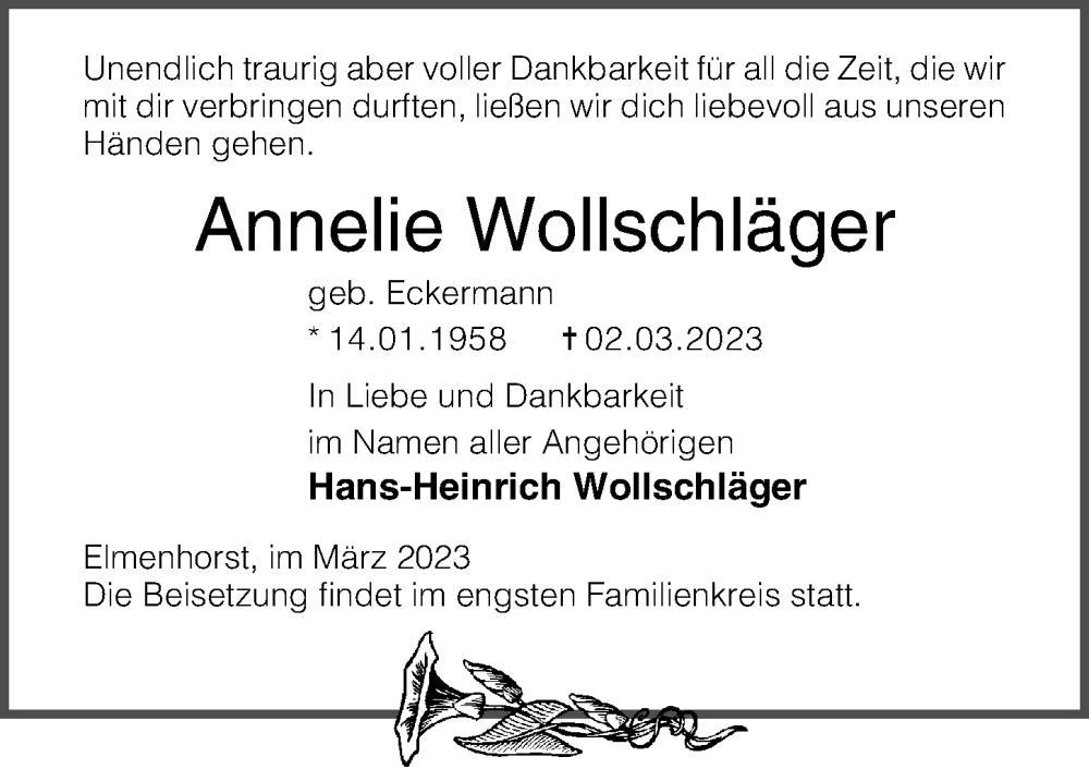  Traueranzeige für Annelie Wollschläger vom 11.03.2023 aus Ostsee-Zeitung GmbH