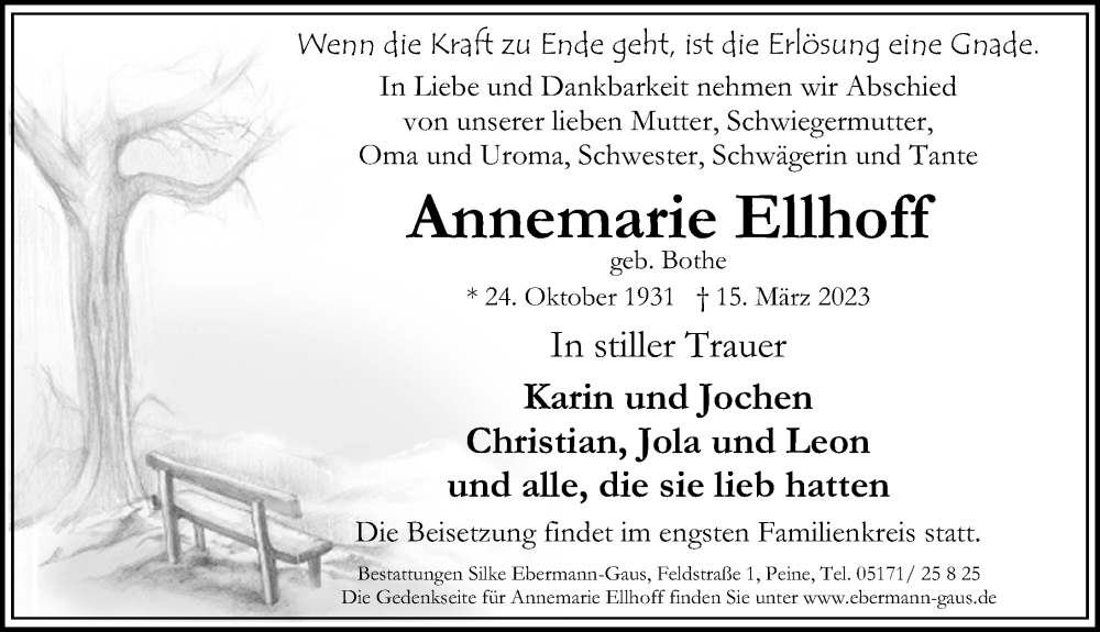  Traueranzeige für Annemarie Ellhoff vom 18.03.2023 aus Peiner Allgemeine Zeitung
