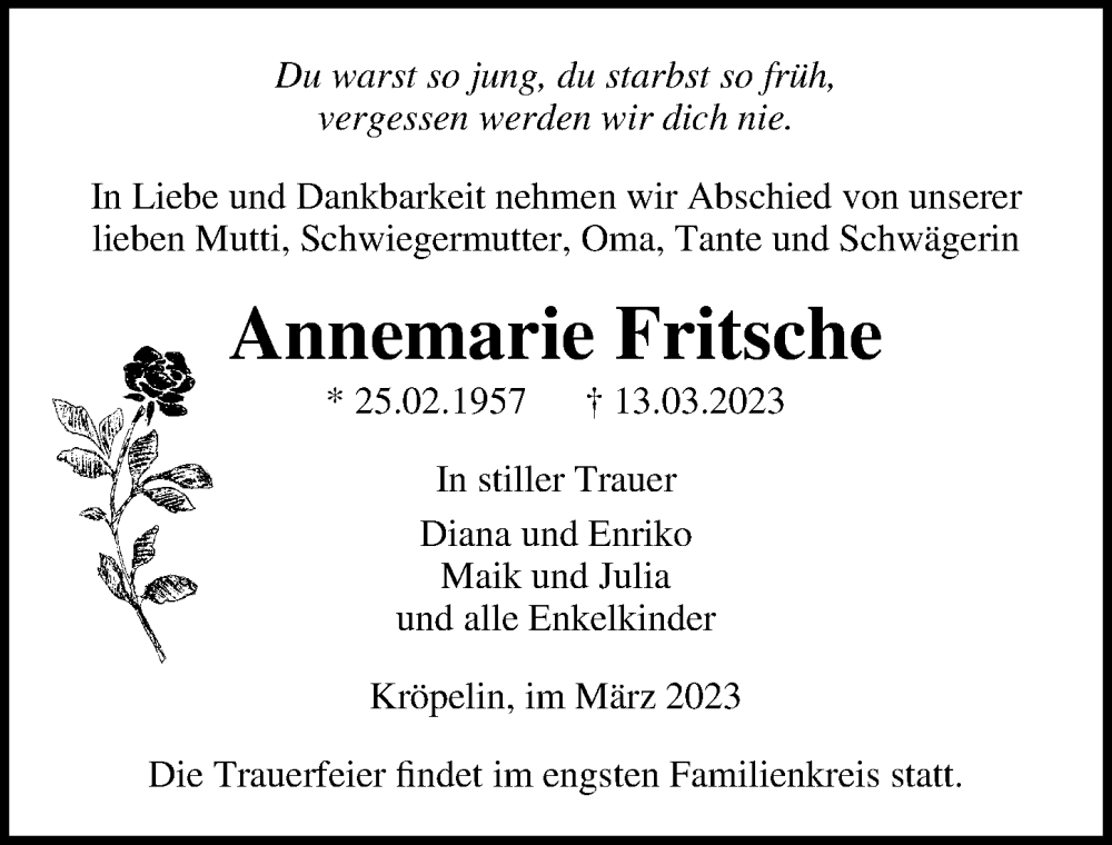  Traueranzeige für Annemarie Fritsche vom 18.03.2023 aus Ostsee-Zeitung GmbH