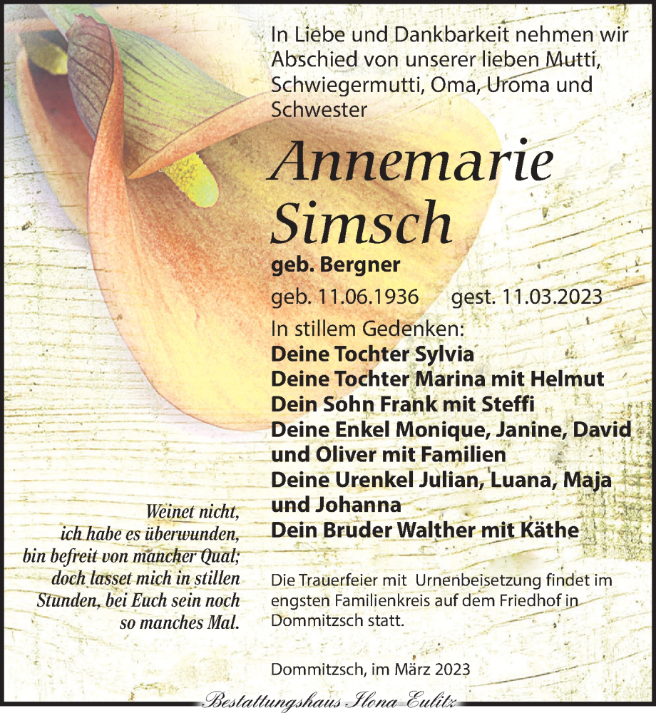  Traueranzeige für Annemarie Simsch vom 18.03.2023 aus Torgauer Zeitung
