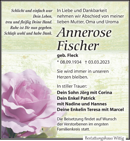 Traueranzeige von Annerose Fischer von Leipziger Volkszeitung