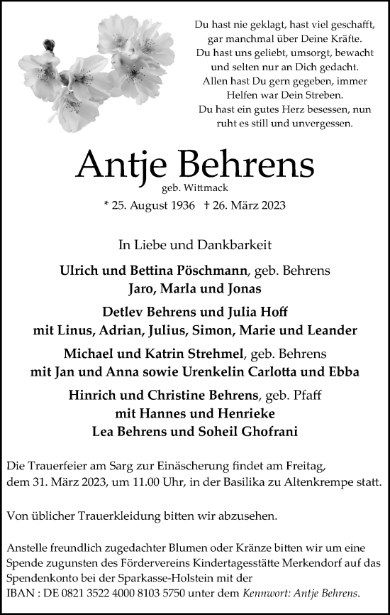 Traueranzeige von Antje Behrens von Lübecker Nachrichten