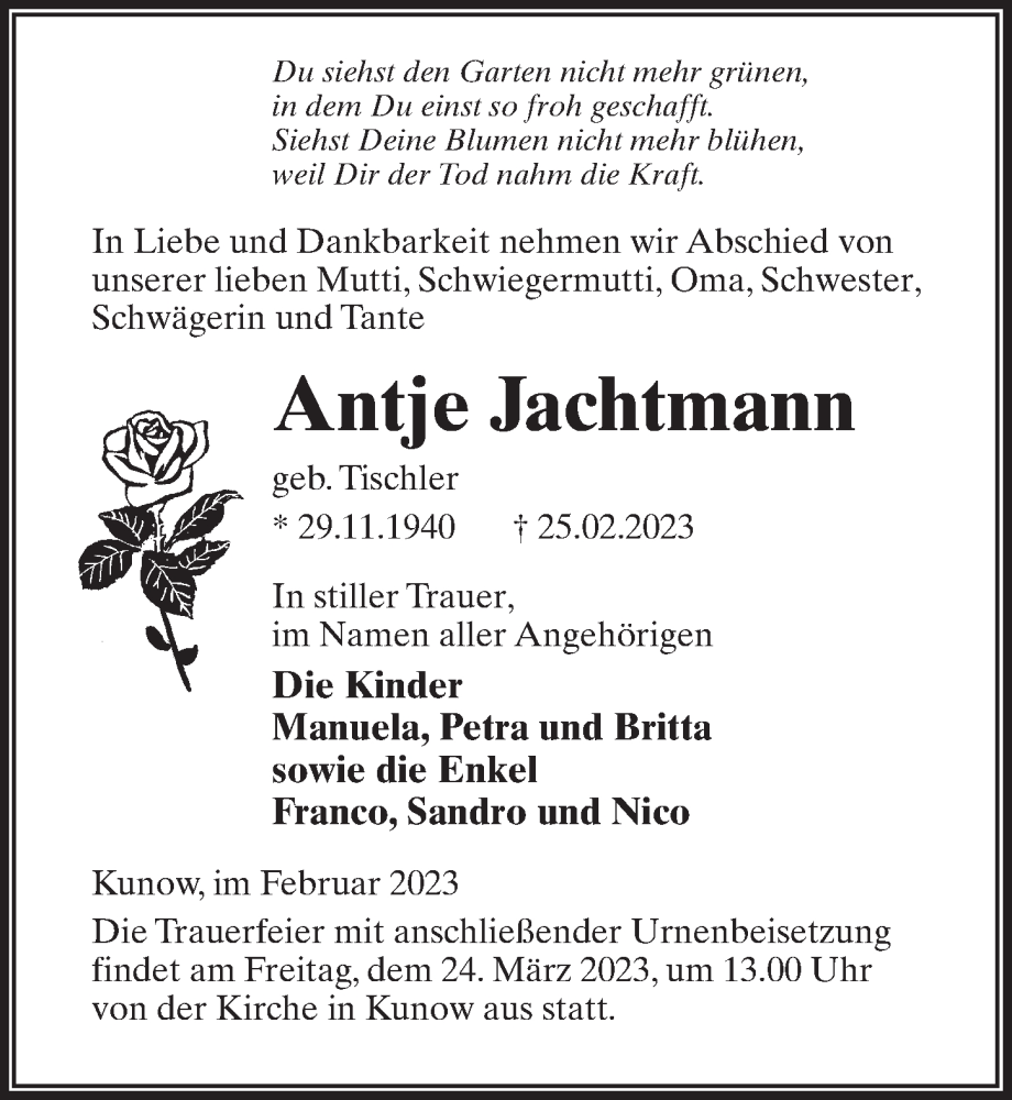 Traueranzeige für Antje Jachtmann vom 11.03.2023 aus Märkischen Allgemeine Zeitung