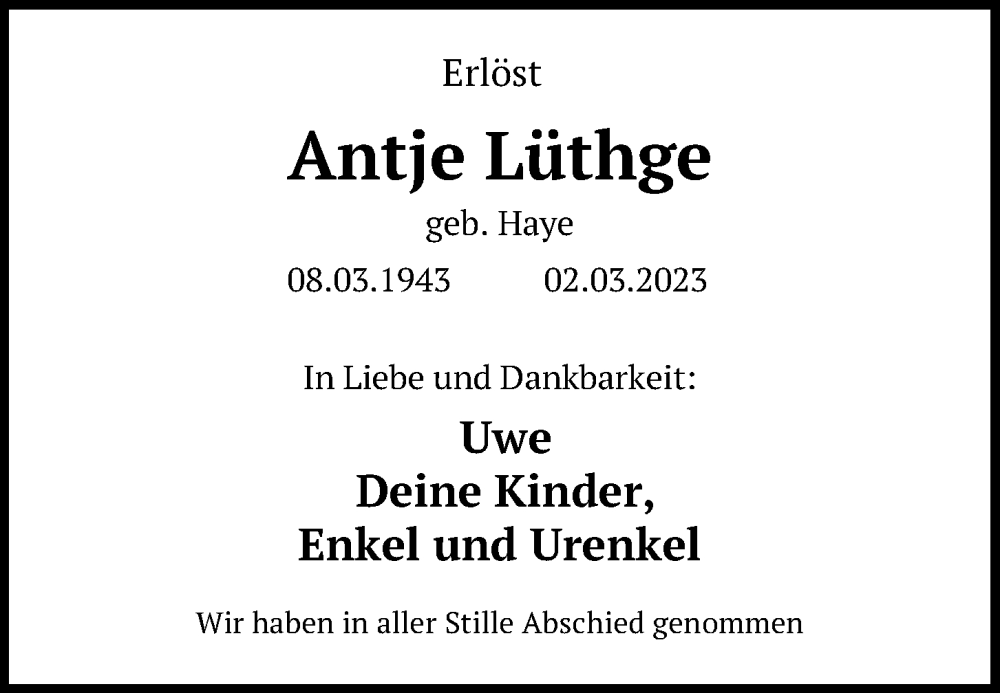 Traueranzeigen Von Antje Lüthge | Trauer-anzeigen.de