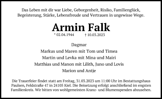 Traueranzeige von Armin Falk von Kieler Nachrichten