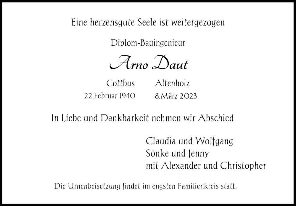  Traueranzeige für Arno Daut vom 11.03.2023 aus Kieler Nachrichten