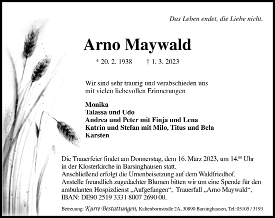 Traueranzeige von Arno Maywald von Hannoversche Allgemeine Zeitung/Neue Presse