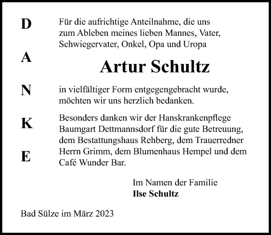 Traueranzeige von Artur Schultz von Ostsee-Zeitung GmbH
