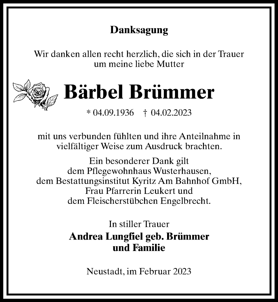  Traueranzeige für Bärbel Brümmer vom 04.03.2023 aus Märkischen Allgemeine Zeitung