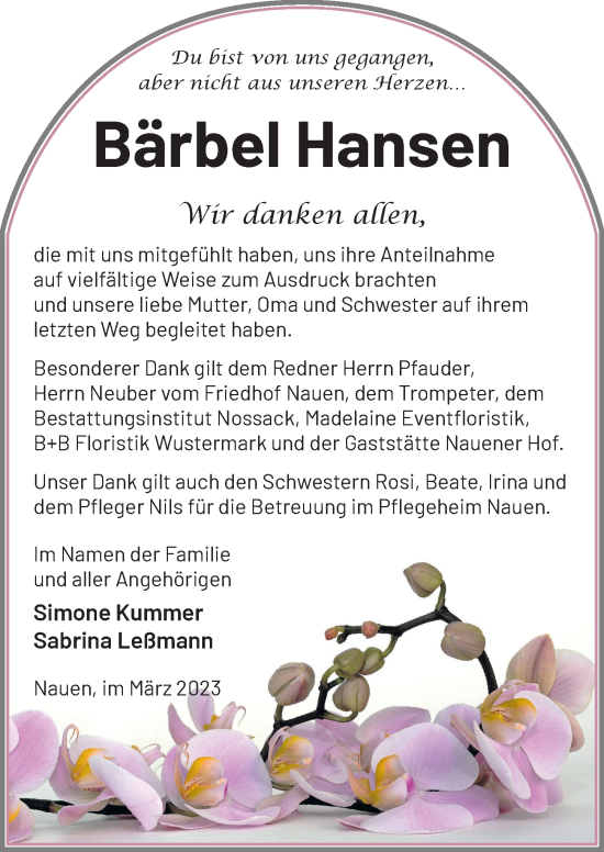Traueranzeige von Bärbel Hansen von Märkischen Allgemeine Zeitung