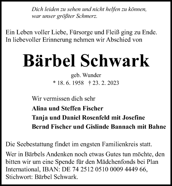 Traueranzeige von Bärbel Schwark von Kieler Nachrichten
