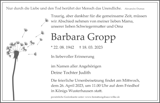 Traueranzeige von Barbara Gropp von Märkischen Allgemeine Zeitung