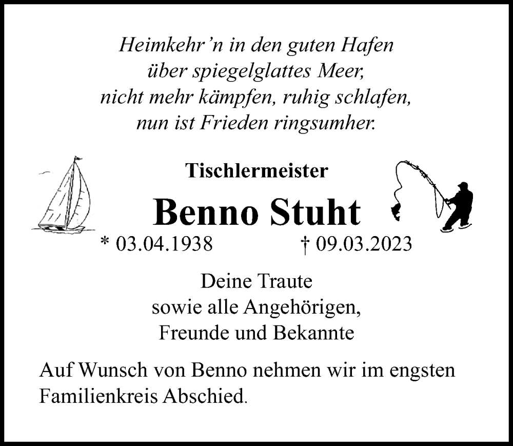  Traueranzeige für Benno Stuht vom 19.03.2023 aus Lübecker Nachrichten
