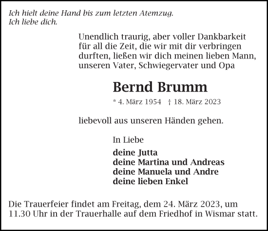 Traueranzeige von Bernd Brumm von Ostsee-Zeitung GmbH
