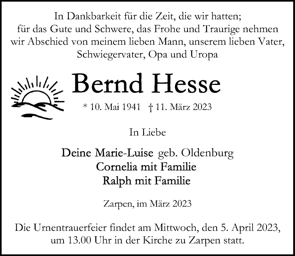  Traueranzeige für Bernd Hesse vom 21.03.2023 aus Lübecker Nachrichten