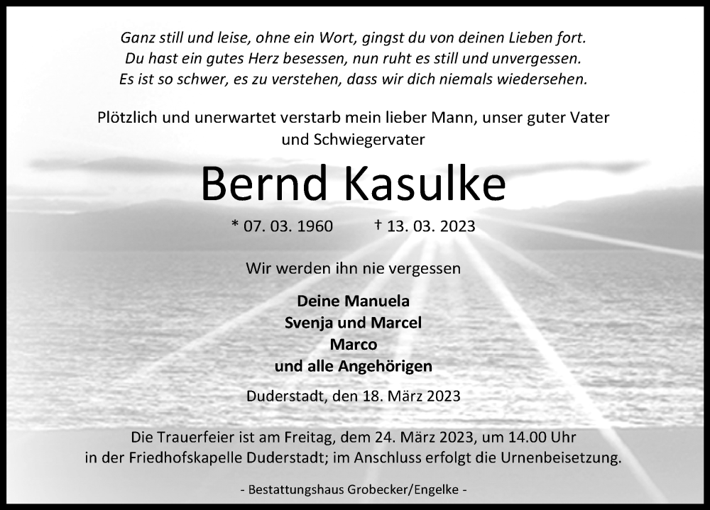  Traueranzeige für Bernd Kasulke vom 18.03.2023 aus Eichsfelder Tageblatt