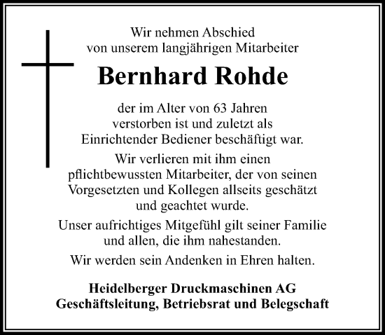 Traueranzeige von Bernhard Rohde von Märkischen Allgemeine Zeitung