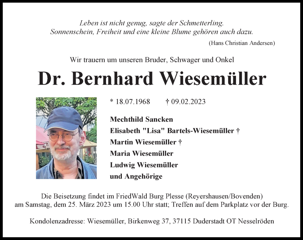  Traueranzeige für Bernhard Wiesemüller vom 18.03.2023 aus Eichsfelder Tageblatt