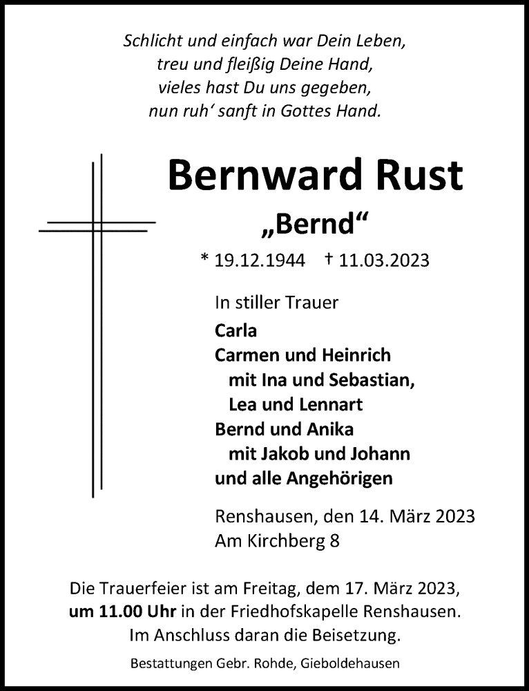  Traueranzeige für Bernward Rust vom 14.03.2023 aus Eichsfelder Tageblatt