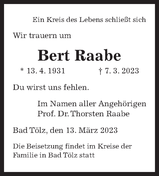 Traueranzeige von Bert Raabe von Hannoversche Allgemeine Zeitung/Neue Presse