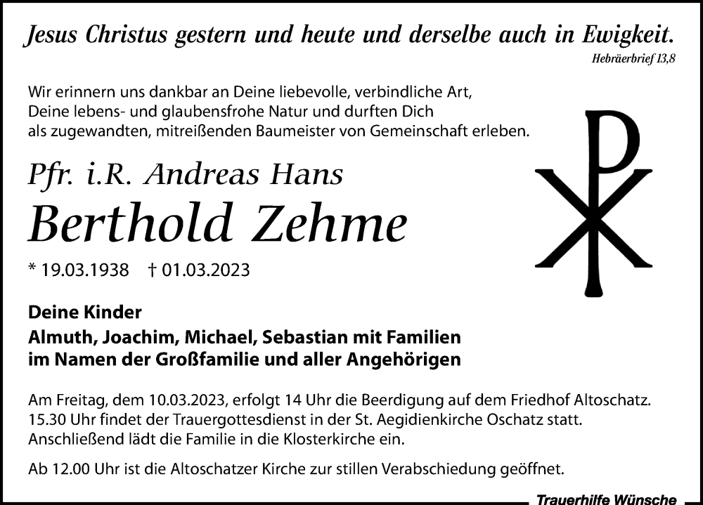  Traueranzeige für Berthold Zehme vom 04.03.2023 aus Leipziger Volkszeitung