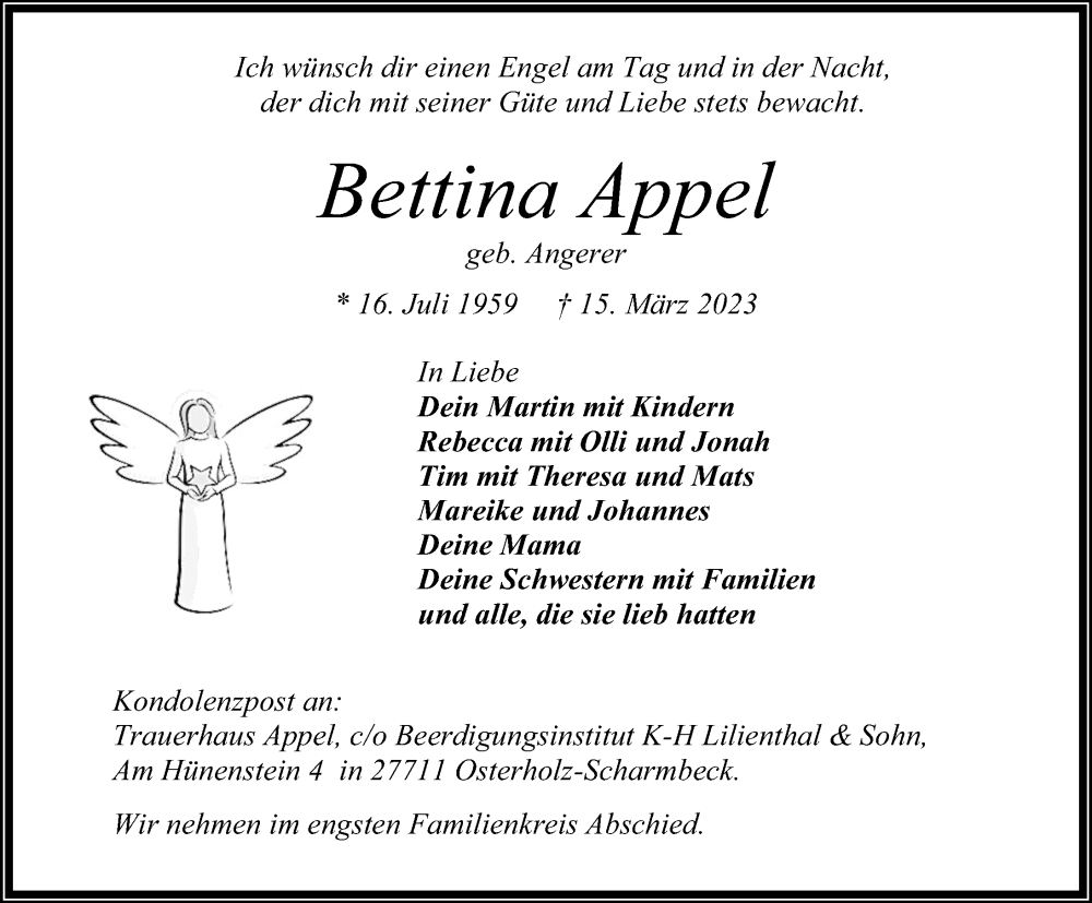  Traueranzeige für Bettina Appel vom 18.03.2023 aus Aller Zeitung