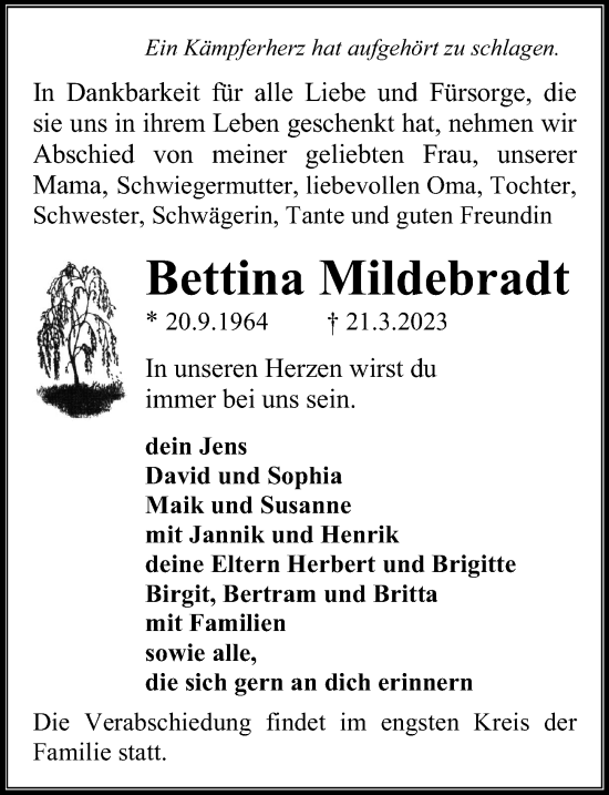 Traueranzeige von Bettina Mildebradt von Ostsee-Zeitung GmbH