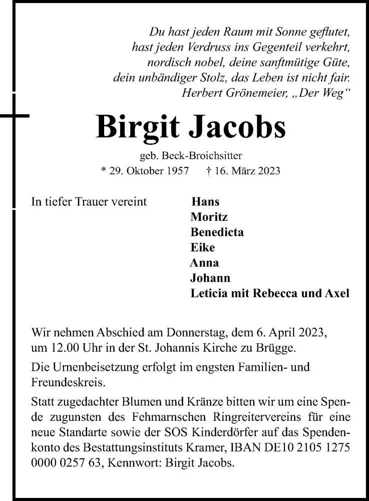  Traueranzeige für Birgit Jacobs vom 25.03.2023 aus Kieler Nachrichten