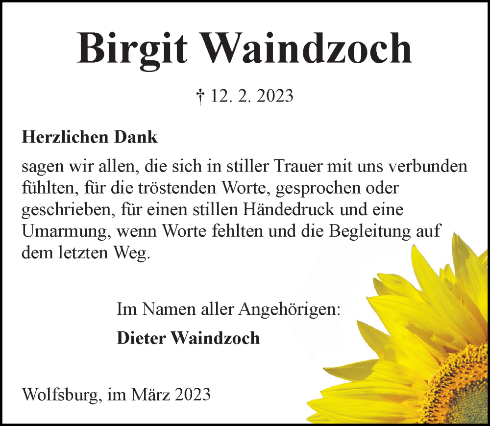  Traueranzeige für Birgit Waindzoch vom 18.03.2023 aus Aller Zeitung