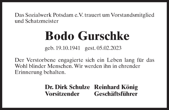 Traueranzeige von Bodo Gurschke von Märkischen Allgemeine Zeitung
