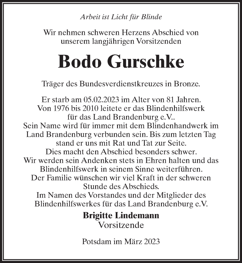  Traueranzeige für Bodo Gurschke vom 25.03.2023 aus Märkischen Allgemeine Zeitung