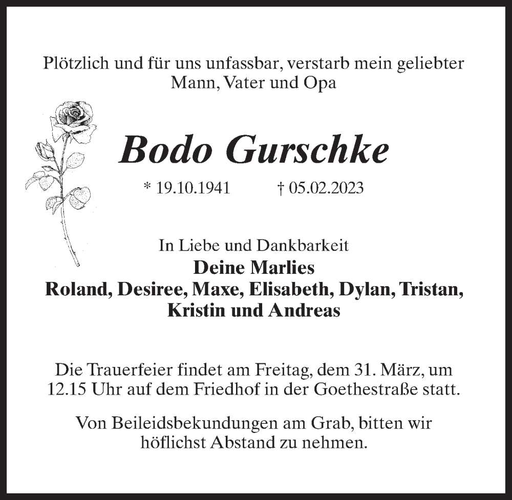  Traueranzeige für Bodo Gurschke vom 18.03.2023 aus Märkischen Allgemeine Zeitung