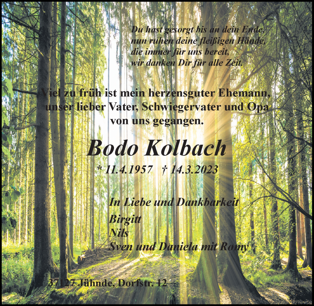  Traueranzeige für Bodo Kolbach vom 18.03.2023 aus Göttinger Tageblatt